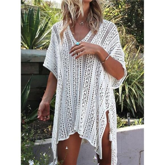 Other - White Knit Crochet Bikini Swimsuit Coverup Dress Short Sleeve Swim Beach Dress‎